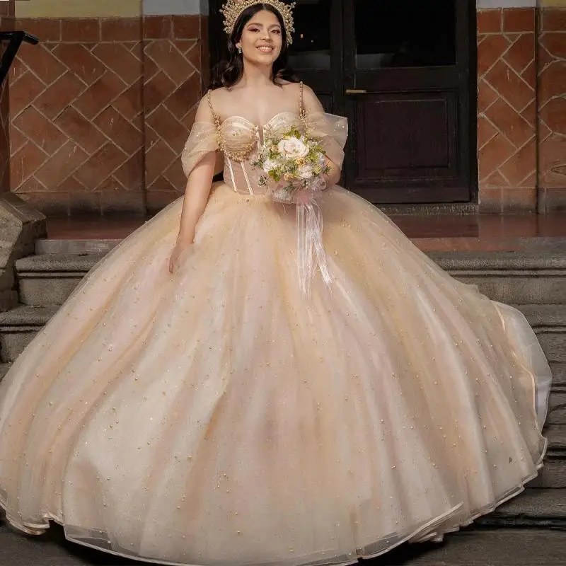 

Glamorous Quinceanera Dress with Pearl Beadings Pleat Off The Shoulder Royal Train Vestidos De 15 Made To Order