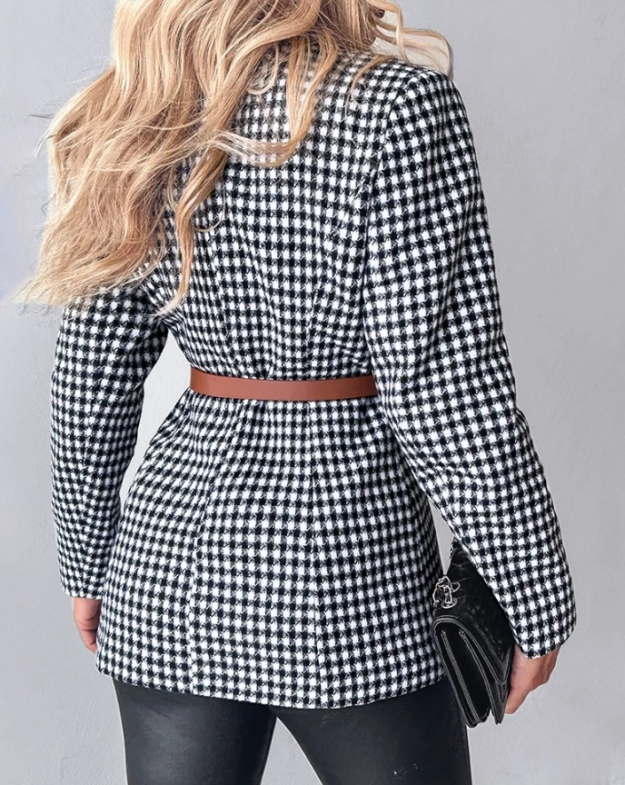 Jaqueta elegante feminina 2024 verão outono mais recente padrão de houndstooth urbano duplo breasted blazer casaco frente aberta com cinto