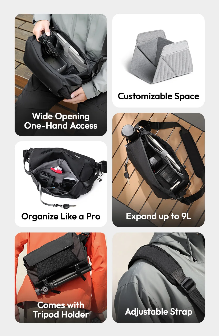 Ulanzi BP11 Umhängetasche mit 9 l Fassungsvermögen, Schultertasche für Sony, Canon, Nikon, Schultertasche für Smartphone, Fotografie, digitale Spiegelreflexkamera – Detail 2