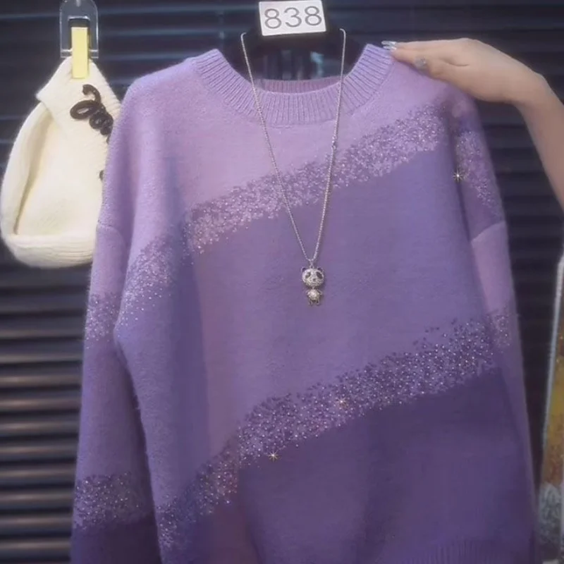 

Корейский модный женский свитер с круглым вырезом и бриллиантами, новинка 2025, осенний повседневный вязаный пуловер, повседневный свободный женский трикотаж с длинными рукавами