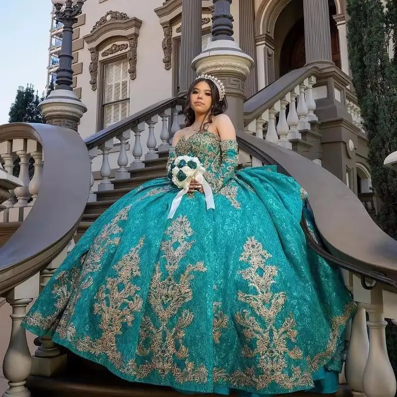 فساتين Quinceanera باللون الأخضر اللامع ثوب حفلة مزين بالدانتيل مطرز بالخرز تول حفلة عيد ميلاد حلو 16 فستان Vestidos De XV 15 Anos