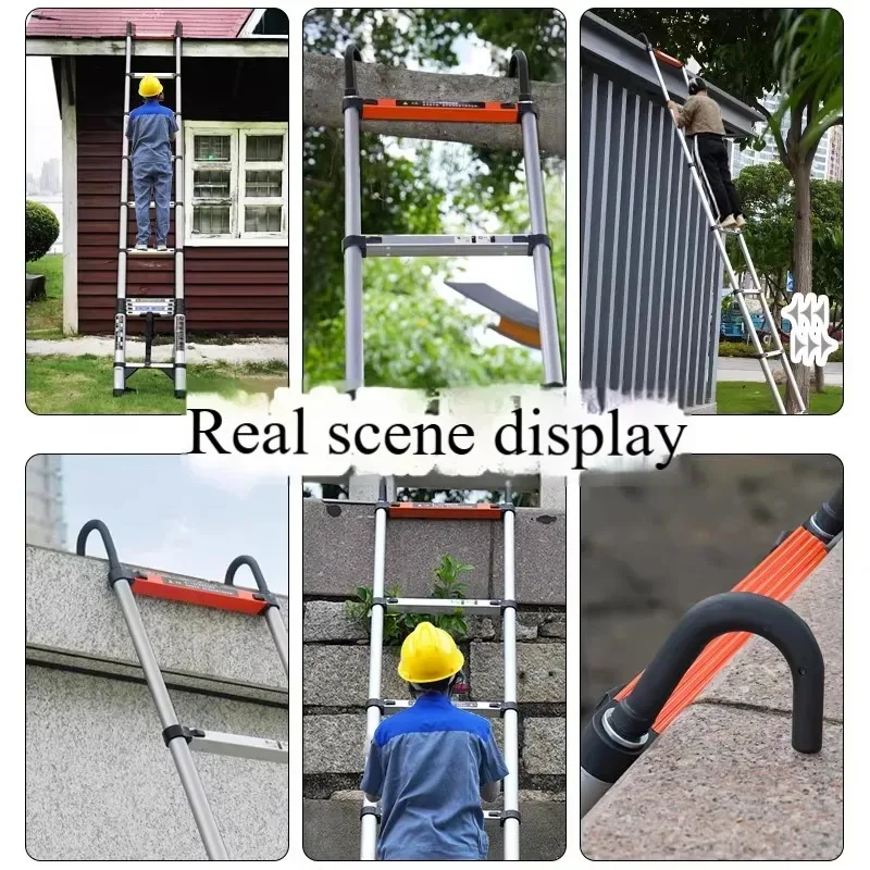 Ladder with hook Stainless steel telescopic straight ladder engineering special folding elevator rotatable disassembly ladder