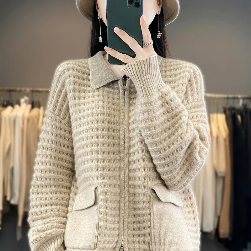 

Autumn and Winter New Women's Polo Collar Cashmere Cardigan 100% Wool Sweater Knitted Fashion Top Loose Korean Version Coat