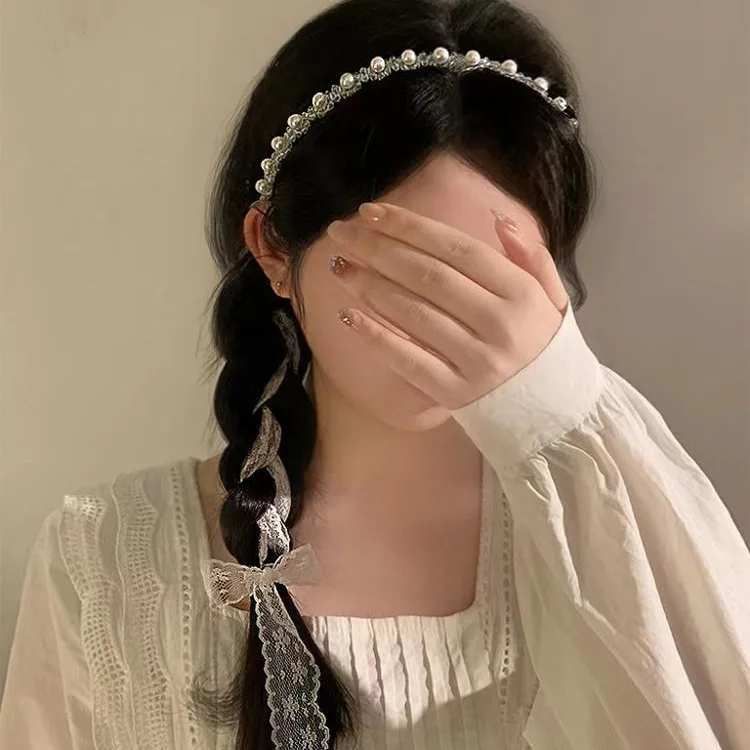 

Ethereal White Lace Crystal Pearl Headband for Women Forest-Style Sweet Bow French Ribbon Hairband Headpiece