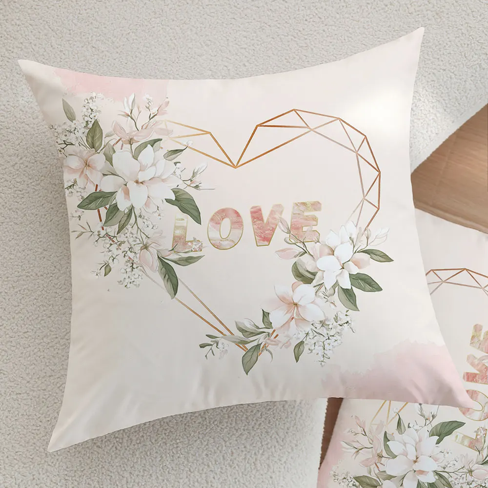 2 Stück rosa Kissenbezüge mit Blumen- und Herz-Liebesmuster, 45 x 45 cm, für Couch, Sofa, Bett, Wohnzimmer, romantische Heimdekoration für Muttertag, Hochzeit