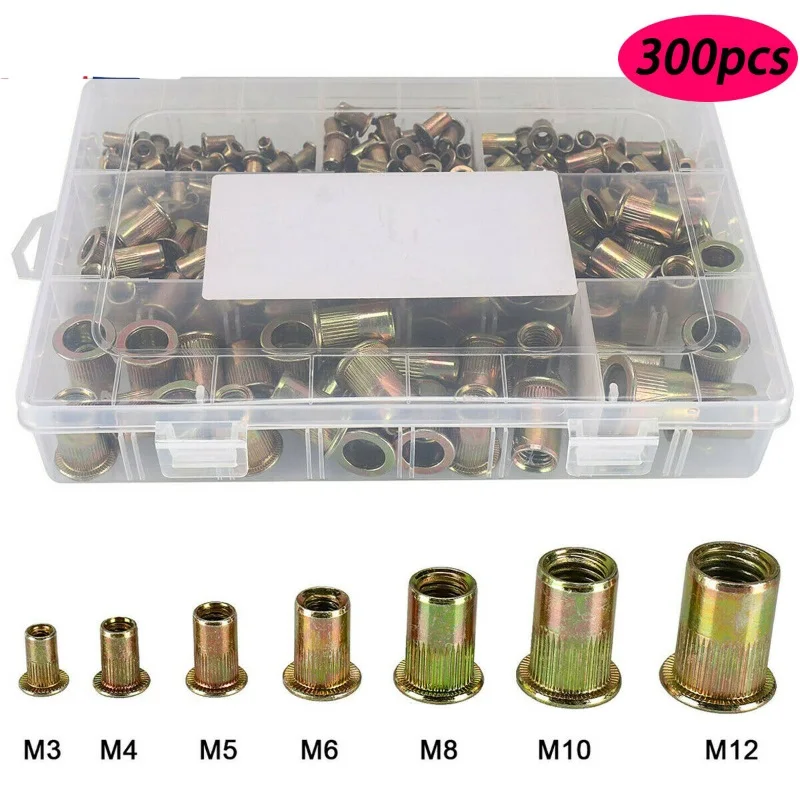 300pcs Flat Head Rivets Screw Nuts Insert Threaded Zinc Plated Aluminum Nut Rivnut Nutsert M3/M4/M5/M6/M8/M10/M12