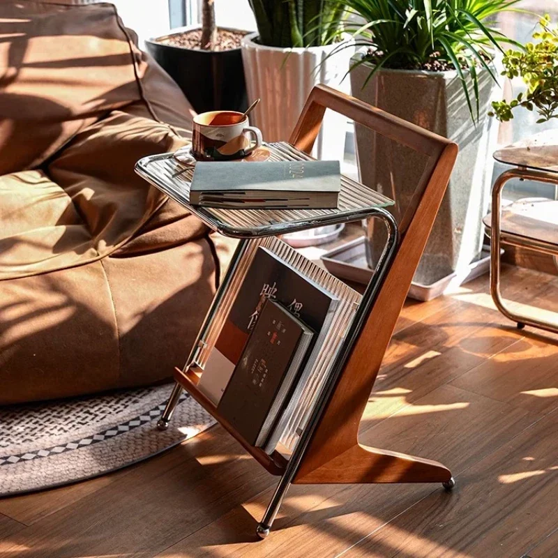 Luxury Black Tea Mobile Side Table Retro Floor Sofa Bedside Shelves Creative Glass Bookcase Small