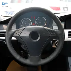 Car Steering Wheel Skin Cover Trim For BMW 5 Series E60 E61 2004 2005 - 2009 Black - red blue line Perforated Microfiber Leather