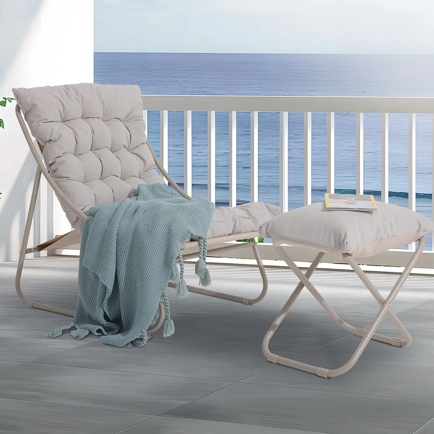 #Oversized Patio Lounge Chair & Ottoman Set, Indoor Outdoor Padded Sling Recliner with Cushion for Balcony Garden, Customized
