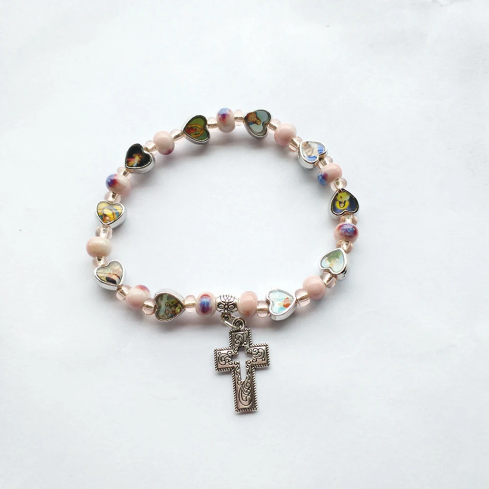Diyalo Rosa Keramik Herz Heilige Ikone Christus Jesus Jungfrau Maria Perlenkette Hohlkreuz Stretch Armbänder für Frauen Mädchen Schmuck – Detail 2