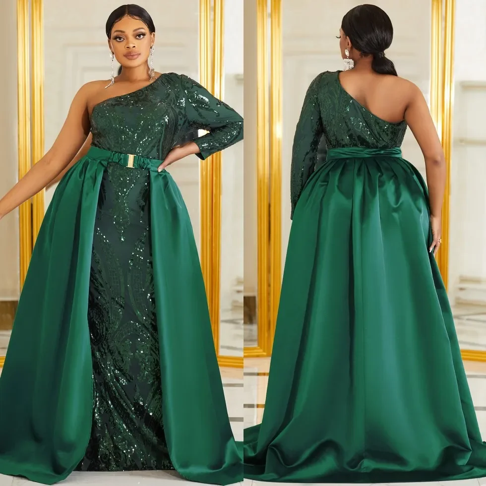 

Green sexy one-shoulder sleeved halter Mermaid with detachable bright satin skirt luxurious women's evening gown party ball