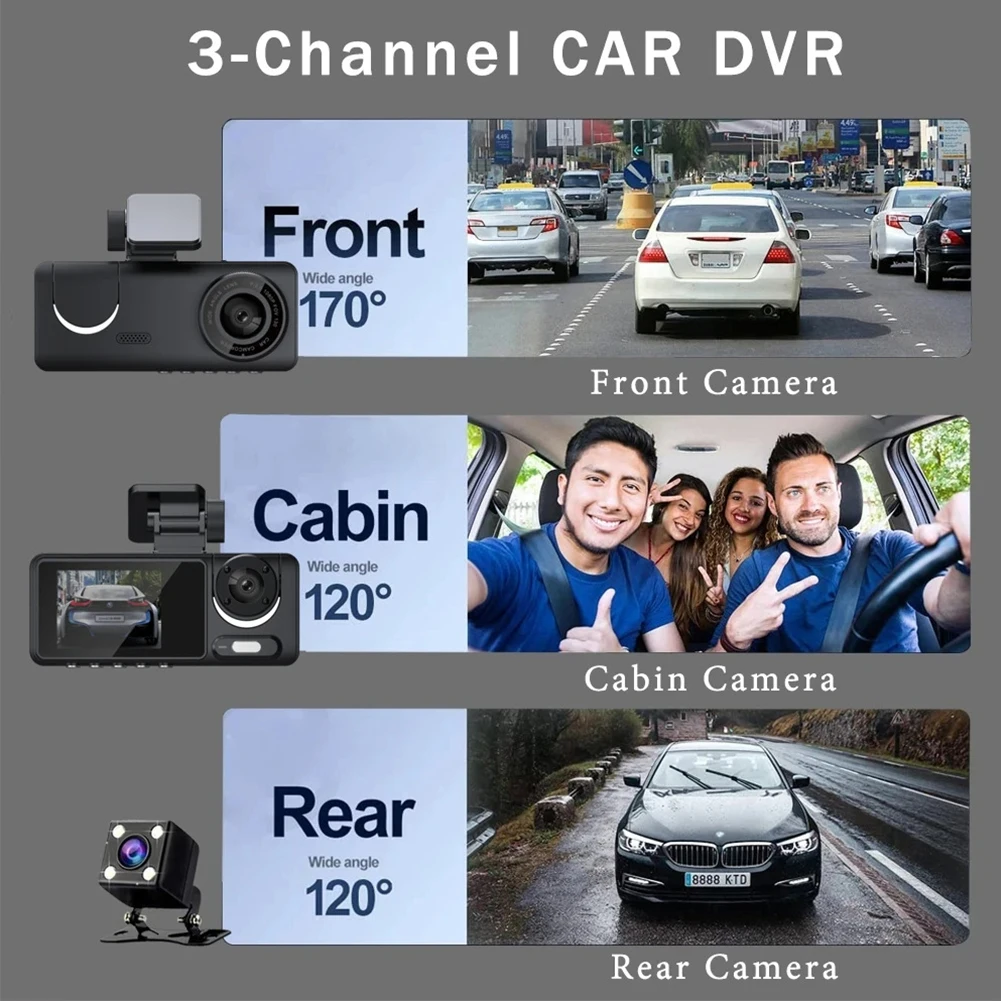 WiFi 3 Channel Mini Car DVR Three Way Dash Cam Inside Vehicle Camera DVRs Recorder HD 1080P Video Dashcam Camcorder Black Box