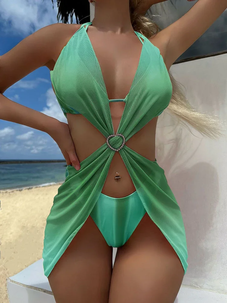 Contrast Color Swimsuit Women Beachwear Striped Gradient Bikini Set Heart Mesh Cover-Ups Wrap Skirt Summer 2026 Swimwear