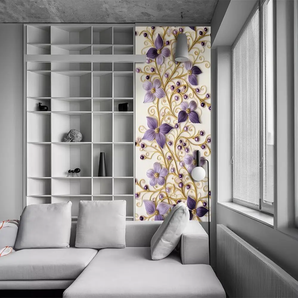 Golden Yellow Purple White Floral Peel and Stick Door Stickers Vinyl Decals Decor Modern Self-Adhesive, Waterproof, Removable