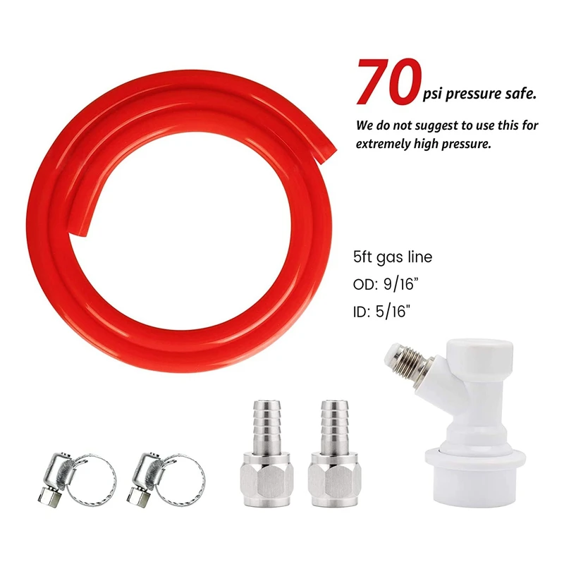 Ball Lock Gas Line Assembly 5Ft Red Long Tubing 5/16 Ball Lock Gas Disconnect Set Home Brewing Kit For Beer Home Brewing