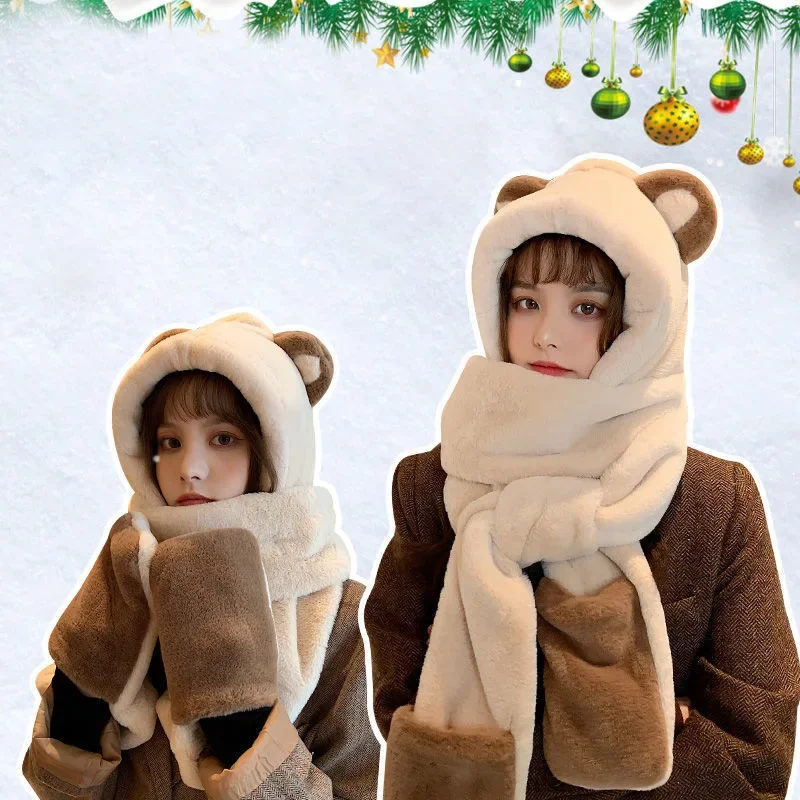 New 3pcs/set Thickened Bear Scarf, Hat & Glove Sets Women Cute Japanese Kawaii Winter Plush All-in-one Hooded Warm Gloves