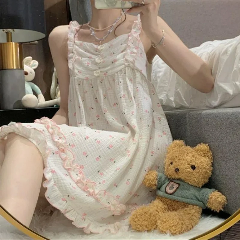 Nightgowns Women Summer Printed Leisure Sexy Sweet Folds Vintage Sleepwear Ladies Aesthetic Ins Popular All-match Home Lounge