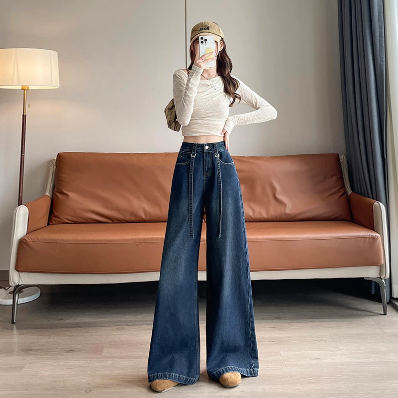 Jeans a gamba larga a vita alta foderati in Fce blu intenso, taglio dritto, vestibilità ampia, pantaloni lunghi fino al pavimento, bootcut casual da donna