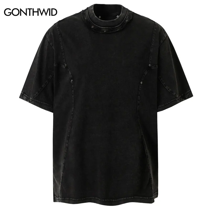 

Vintage Men T-Shirt Y2K Solid Color Rivet Washed Tshirt Streetwear Hip Hop Punk Gothic Urban Shirts Harajuku Casual Cotton Top
