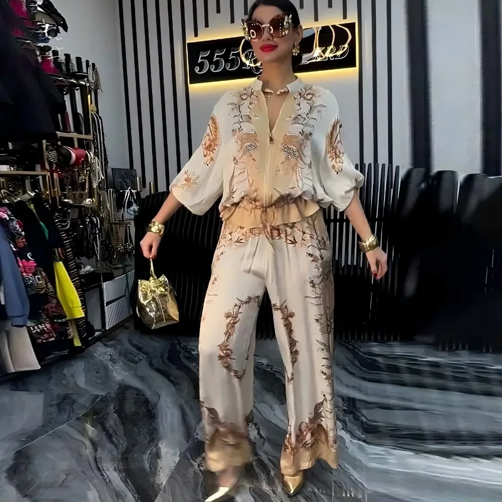 Women Beige Boho Print 2 Piece Outfit Batwing Sleeve Blouse and Loose Wide Leg Pants Casual Bohemian Set for Streetwear Festival view 3