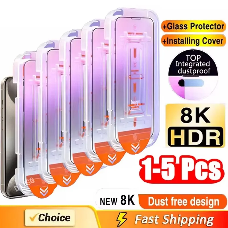 

1-5Pcs Oleophobic Coating Dust Free Easy Installation Screen Protector For iPhone 15 14 11 13 12 16 Pro Max XS XR Plus 16E Glass