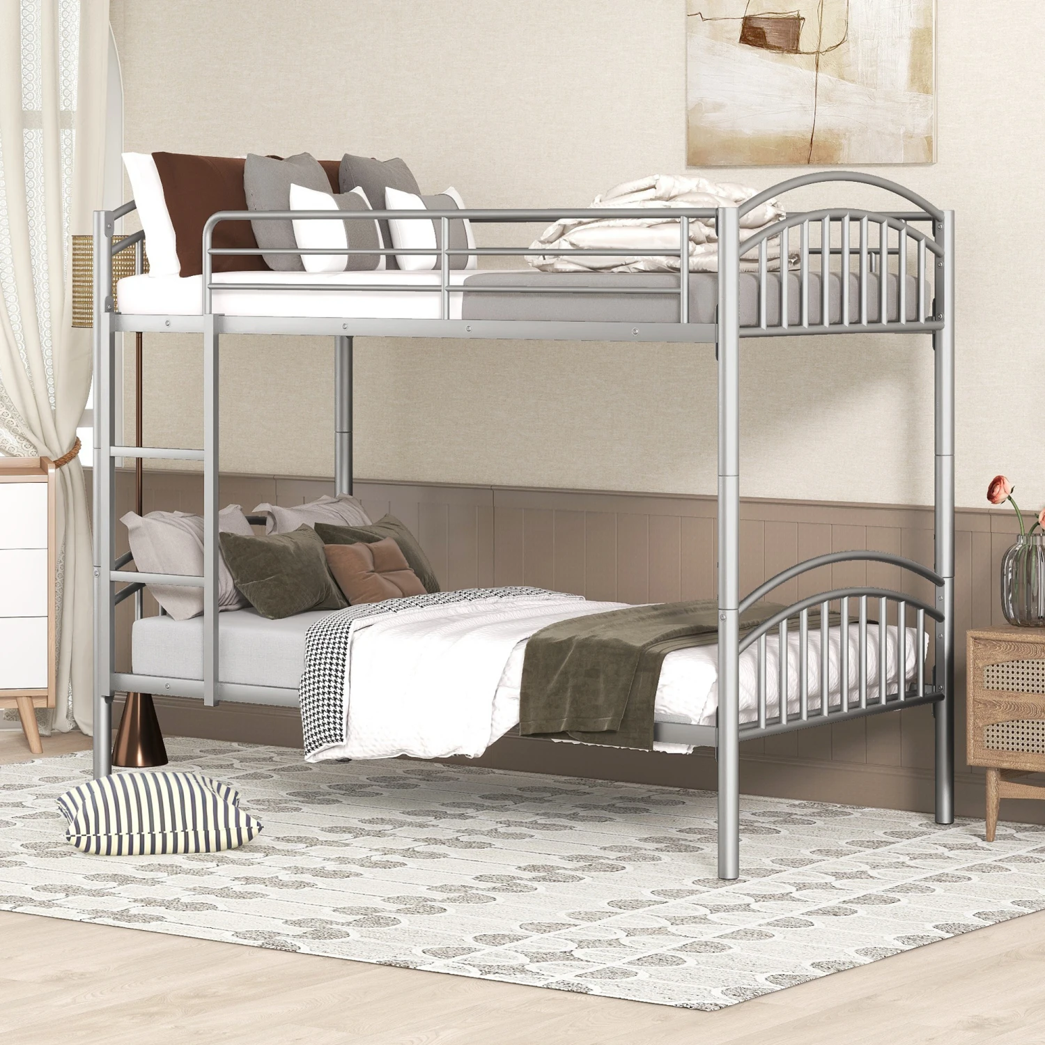 Twin Over Twin Metal Bunk Bed,Divided into Two Beds(Silver){OLD SKU MF280424AAN}