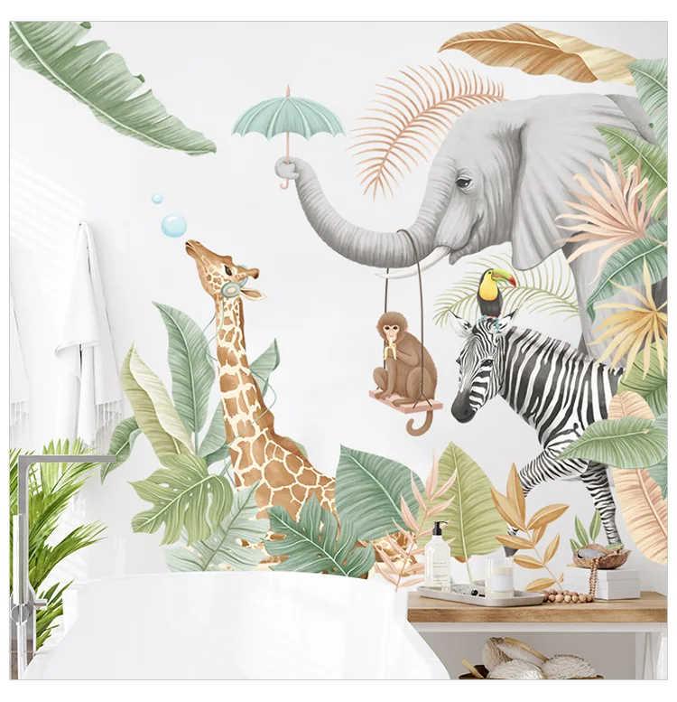 Custom Aquarel Jungle Nursery 3d Behang Muurschildering Voor Kids Kinderkamer 3d Dier Behang Sticker Art Deco