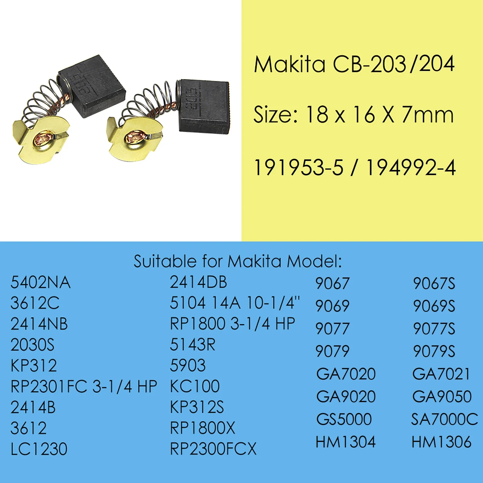Genuine Makita CB203 CB204 Carbon Brushes 7x18x16mm for Electric Motors 3612 RP1801 RP2301FC Angle Grinder 9069 GA9050