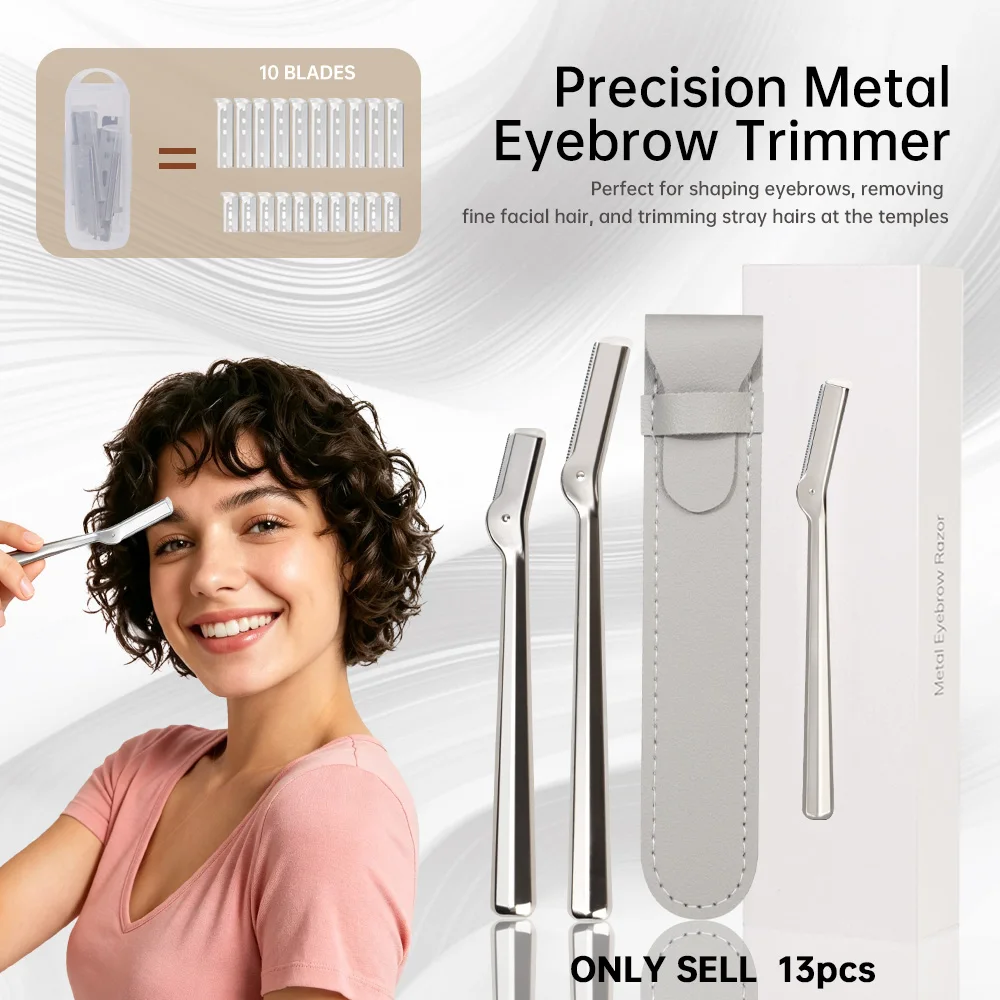 13-Piece Precision Metal Eyebrow Razor Set, 1 Reusable Metal Razor Holder + 10 Replacement Blades with Storage Case, Box, Portable Facial Eyebrow Grooming Tool, for Shaping Eyebrows, Removing Fine Facial and Sideburn Hair, Women's Beauty Tool