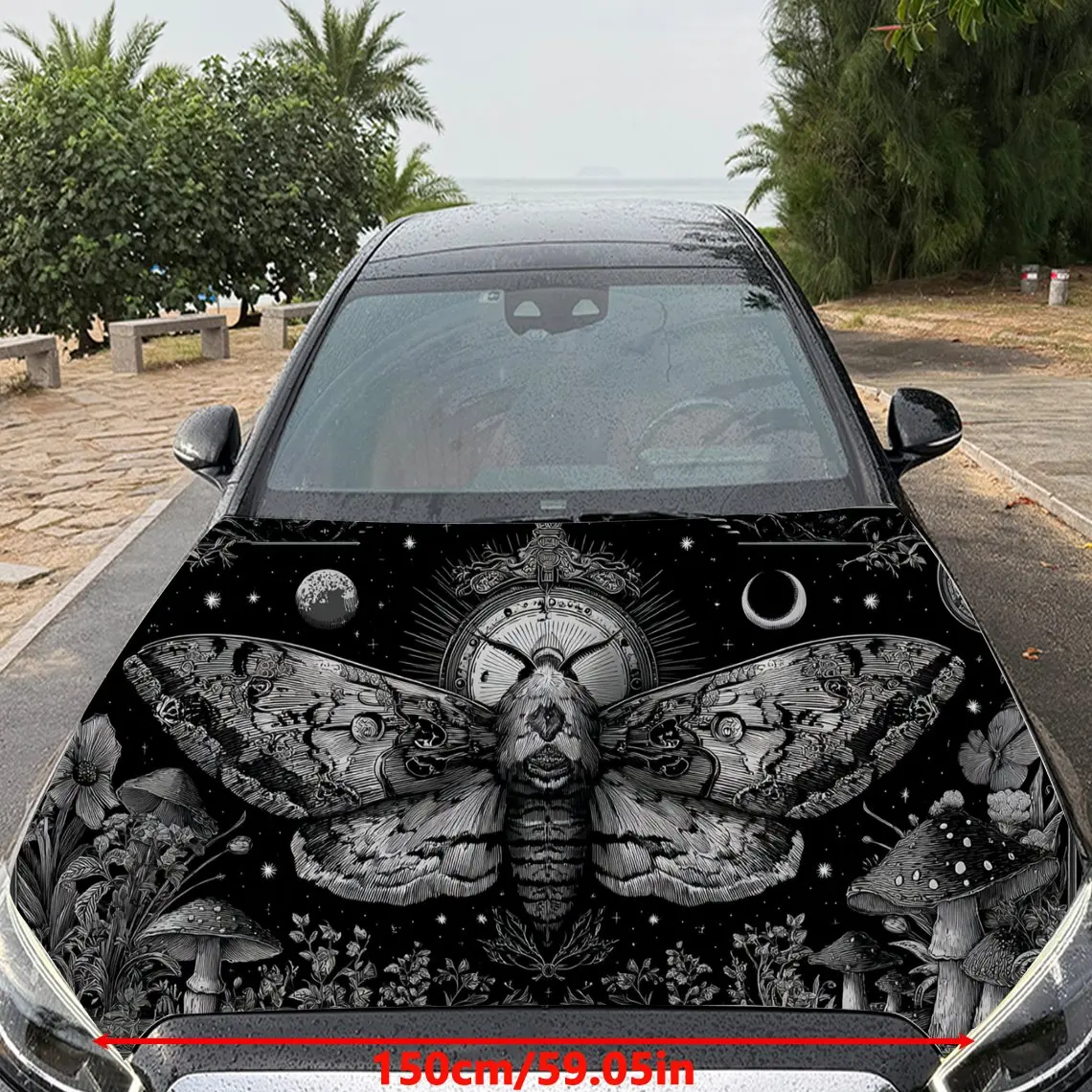 Car Decal Moth with Celestial-Clock Textured Motif in Artistic Insect-Mystical Style - Bold Terrestrial Enigmatic Fantasy Aesthe