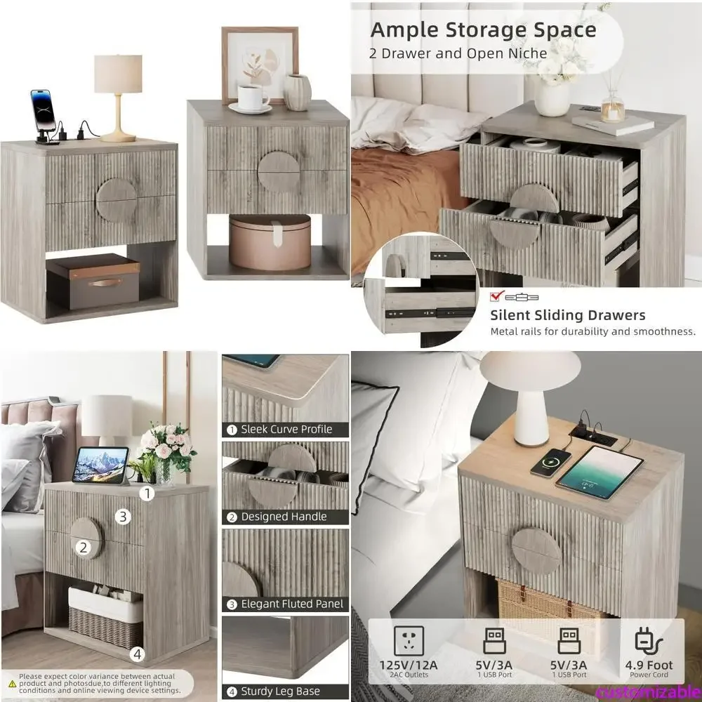 

Большой современный прикроватный столик в стиле фермерского дома с зарядной станцией и выдвижными ящиками для хранения