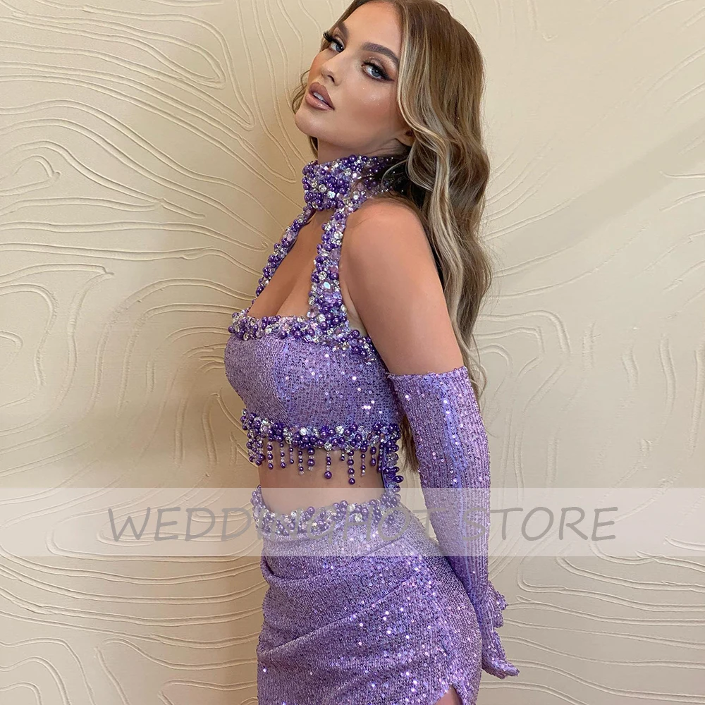 Purple Sequin Prom Dress Mermaid High Collar Sleeveless Sexy  Gown Long Crop Top Side Slit Luxury   for Women 2023