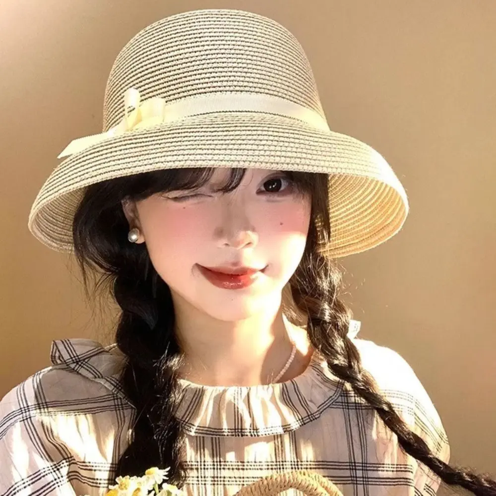 

Elegant French Bow Straw Cap Hepburn Vacation Weaving Cap Big Brimmed Summer Visor Basin Cap Ladies