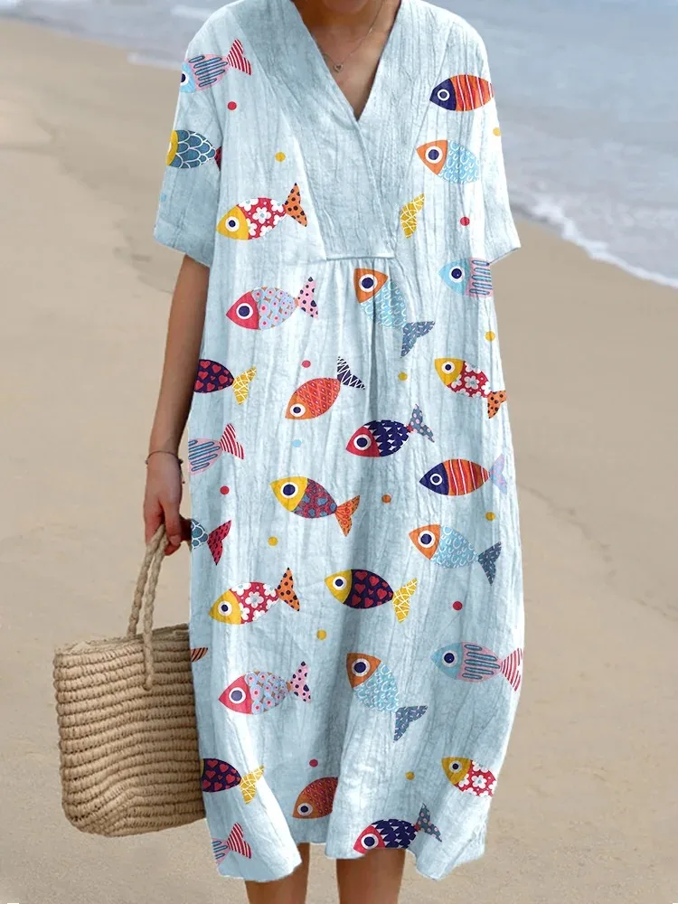 

Women's Colorful Fish Pattern Linen Blend Dress Vintage Short Sleeve V-neck Plus Size Harajuku Long Midi Robes Fashion Sundress