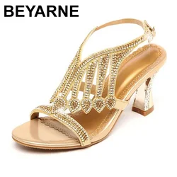 BEYARNE  Summer Style Gold Coloured High Heeled Sandals Rhinestone Wedding Shoes Diamond Buckle Women Qualities