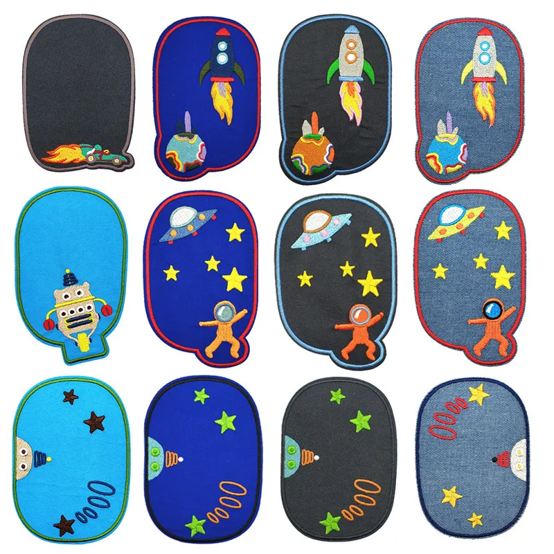 DIY Astronauts Rocket Planet Denims Stickers Cartoon Embroidery Clothes Knee Hole Repair Appliqued Badge Sewing Children Patches