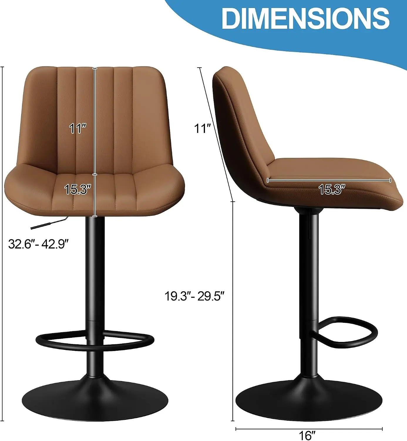 Swivel Bar Stools Set of 2, Adjustable Faux Leather Upholstered Swivel Counter Stools, Armless Bar Height Island Chairs with Back and Footrest, Coffee