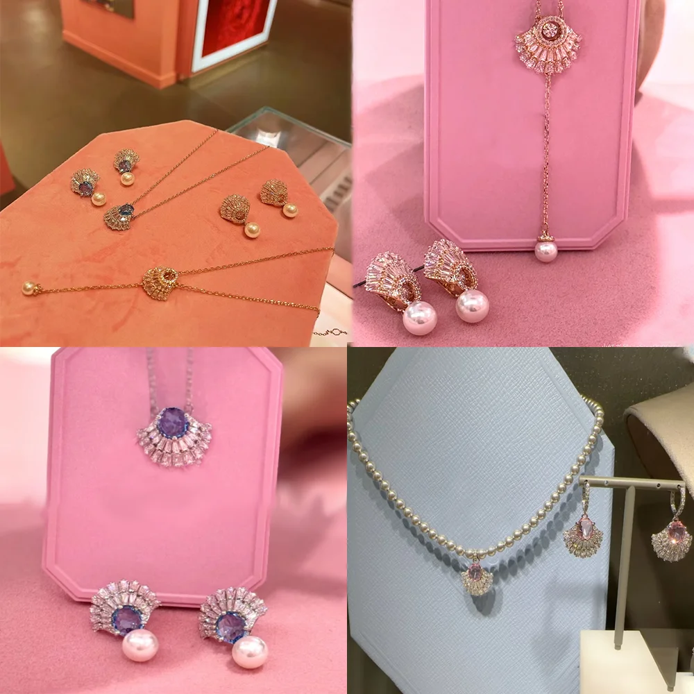 

Original designer jewelry, pink and blue luxury fine set for women, charms, shell necklace, earrings, bracelet, romantic christm