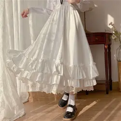 Saia plissada linha A feminina com babados, saia longa branca feminina, monocromática, dupla camada, francês, Hepburn, moda vintage, japonês