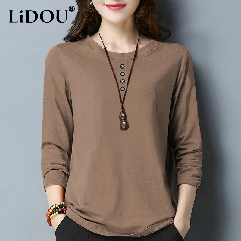 

2023 Spring Autumn New Solid Color Fashion Round Neck Long Sleeve T-shirt Women Casual Loose Button Vintage All-match Pullovers