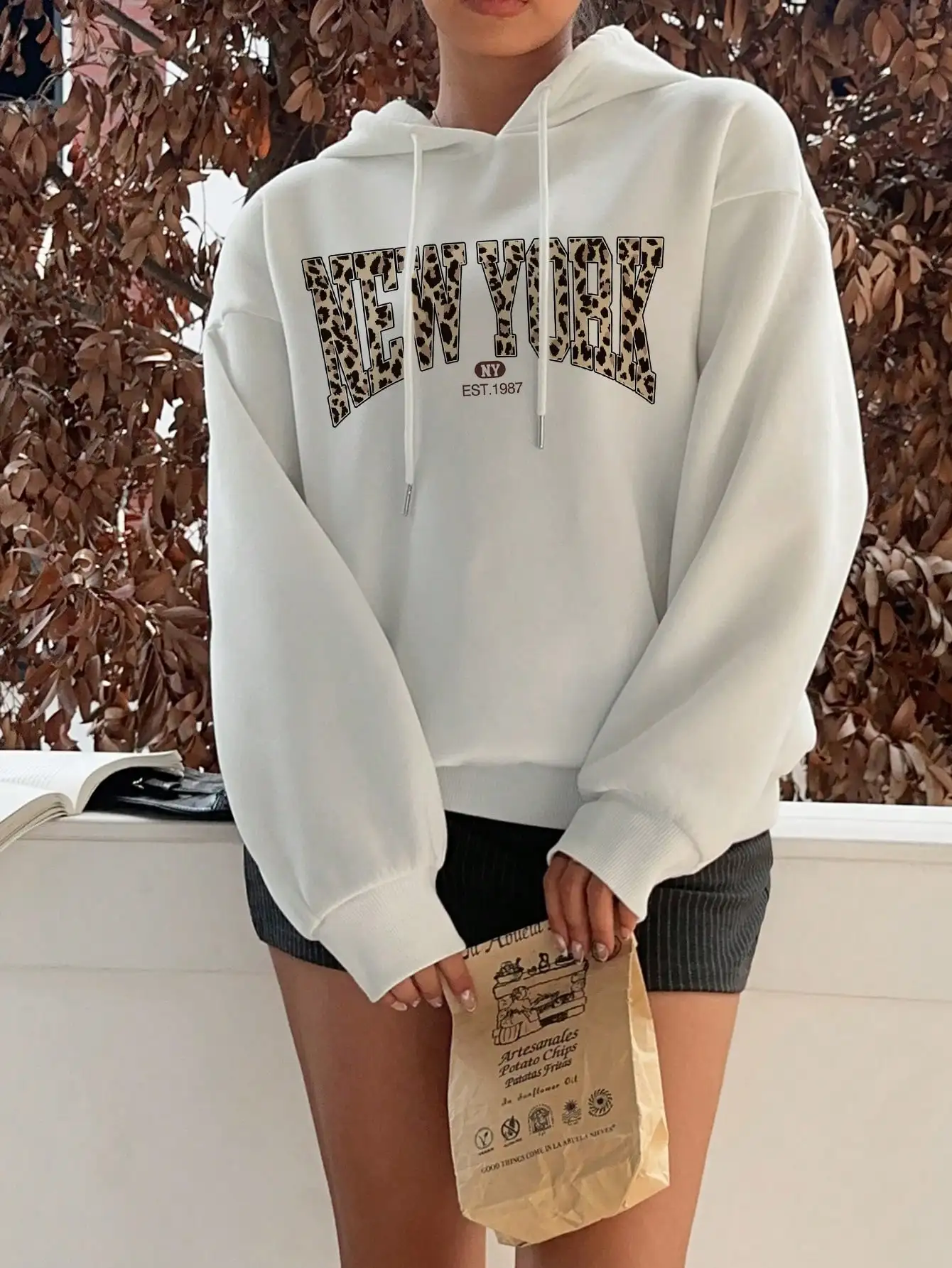 Leopard Print New York Graphic Hoodie for Women, Loose Fit Thick Fleece Sweatshirt, Fall Winter Casual Streetwear