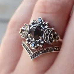 New Gothic Universe Moon Ring Set for Women Vintage Creative Pentagram Black Party Vacation Jewelry Halloween birthday Gifts
