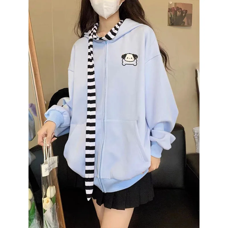 Kawaii Pochacco Hooded Coat Women Cartoon Sanrio Sweatshirt Jacket Fashion Sweet Girl Loose zipper Coat Top Anime Birthday Gift