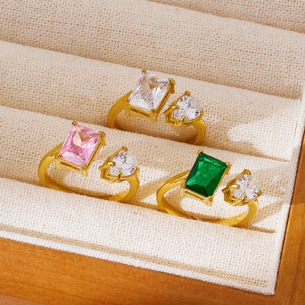 Anel de aço titânio com zircão banhado a ouro 18k para mulheres, não alérgico, joias de dedo impermeável para mãe e filha, estilo francês
