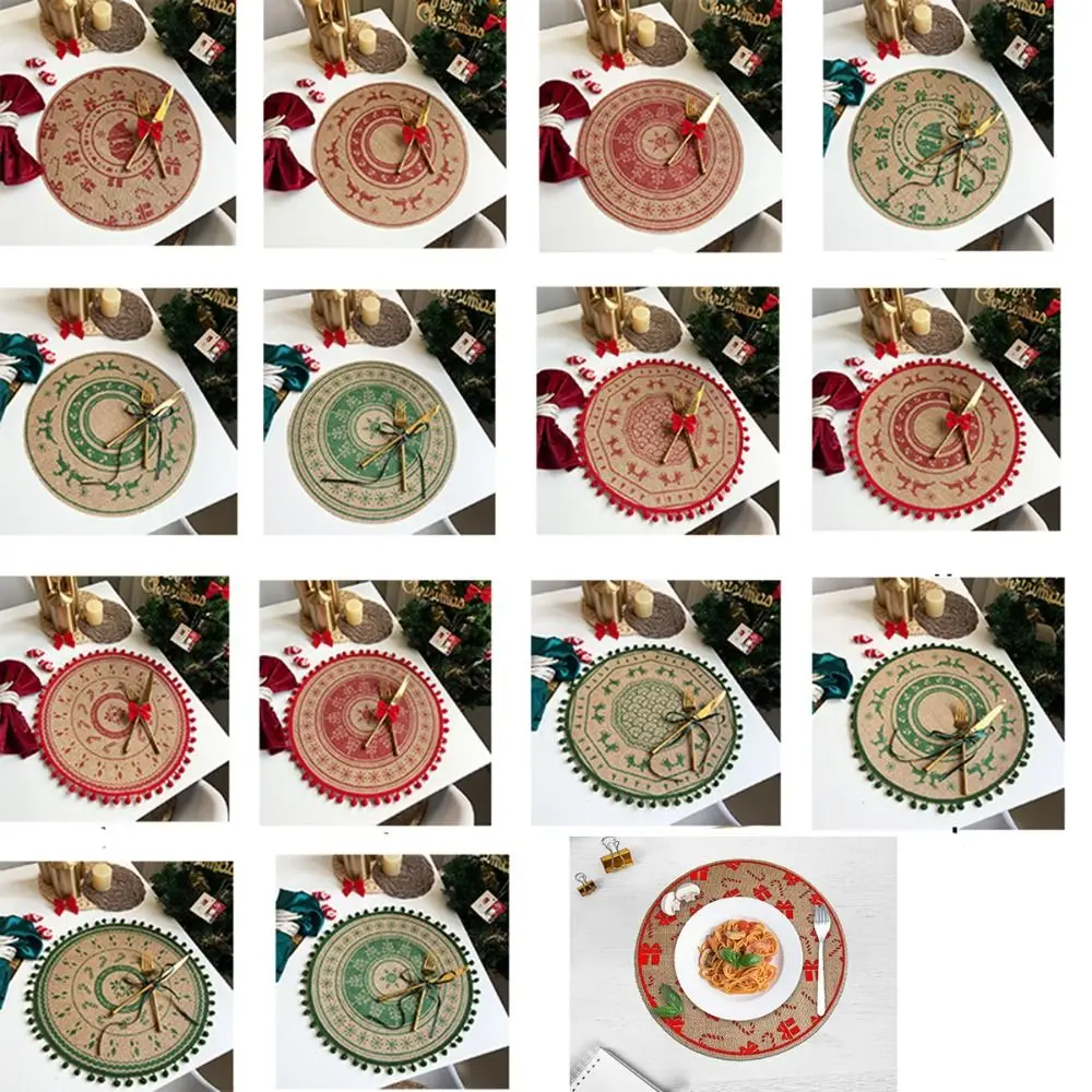 

Santa Snowflakes Jute Christmas Placemat Vintage Round Tableware Mat Retro Anti-slip Coaster Dinning Table