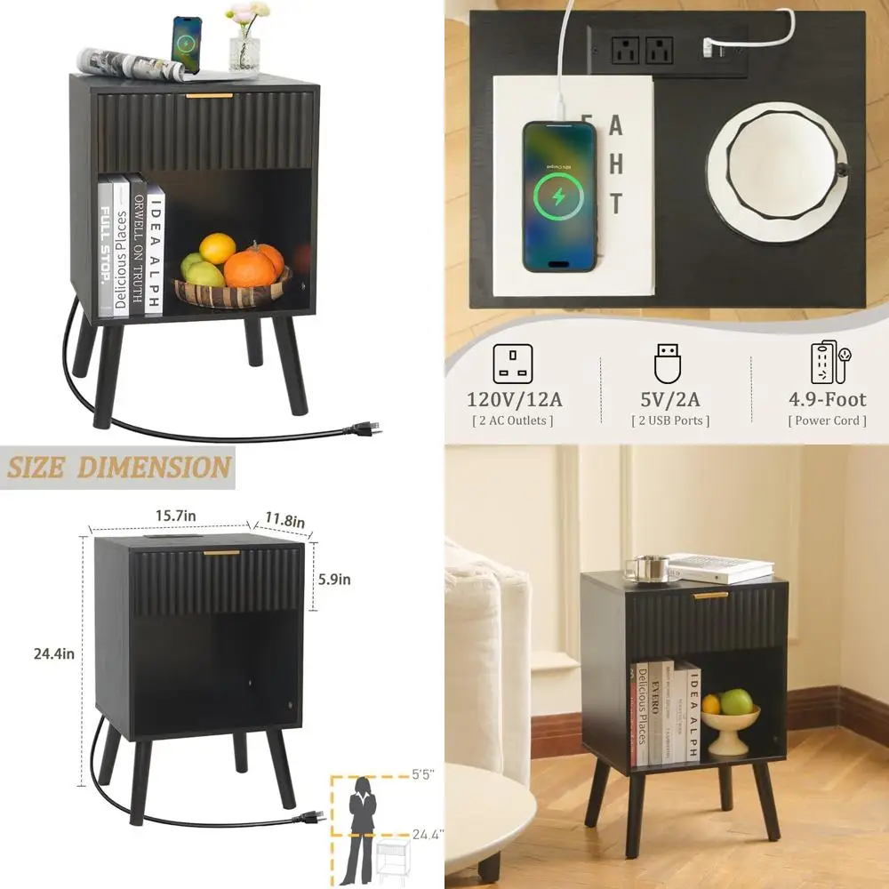 

Прикроватная тумбочка для зарядной станции черного цвета с ящиками, современная прикроватная тумбочка середины века для гостиной