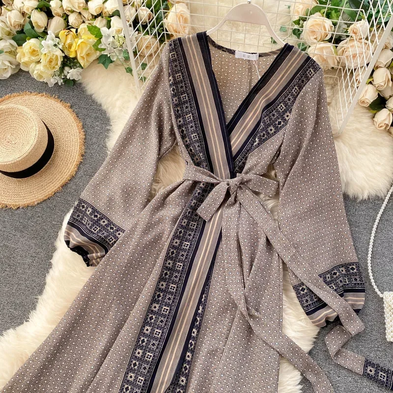 New Fashion Women Chiffon Dress Ladies Printed Lace-up Waist maniche lunghe telai vita Slim Style Swing Long a-line Dress