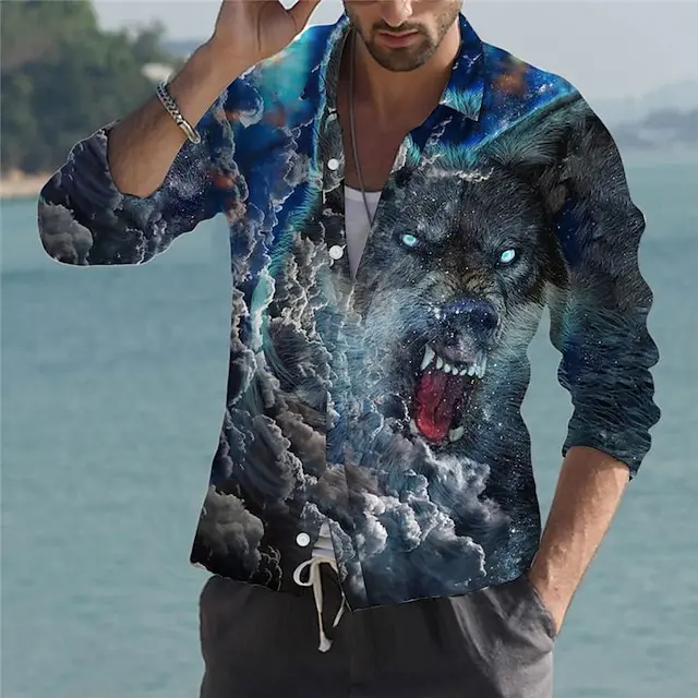2024 New Men's Wolf Shirts 3D Prints Clothes Animal Button Long Sleeve Lapel Streetwear Shirt for Men Blouse casual Shirt