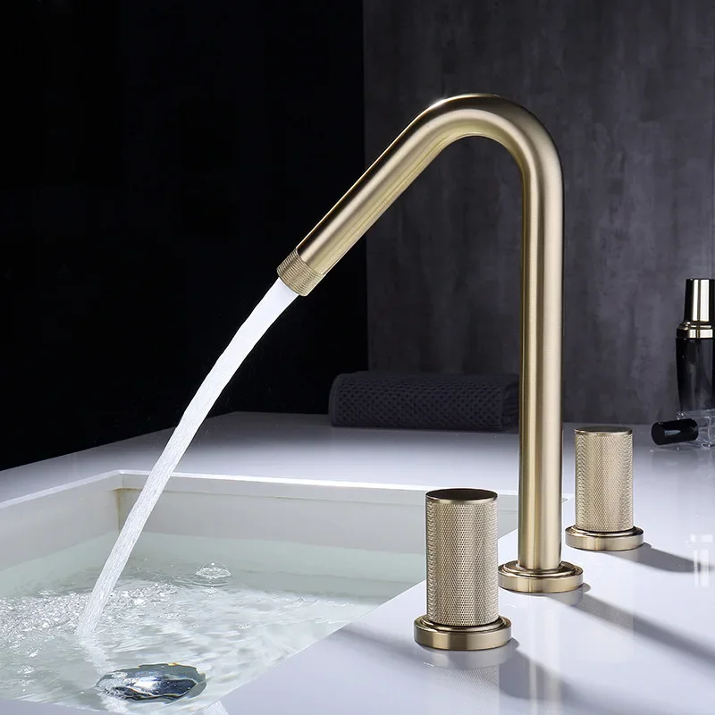 Widespread Bathroom Basin Faucet Knurling Handle & Spout 3 Hole 2 Handle Deck Mount Brushed Gold Brass