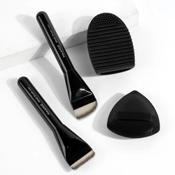 MAANGE 4PCS Makeup Tools Kit Ultra Thin Foundation Brush Flat/Angle Contour Brush Blender with Makeup Sponge and Brush Cleaner